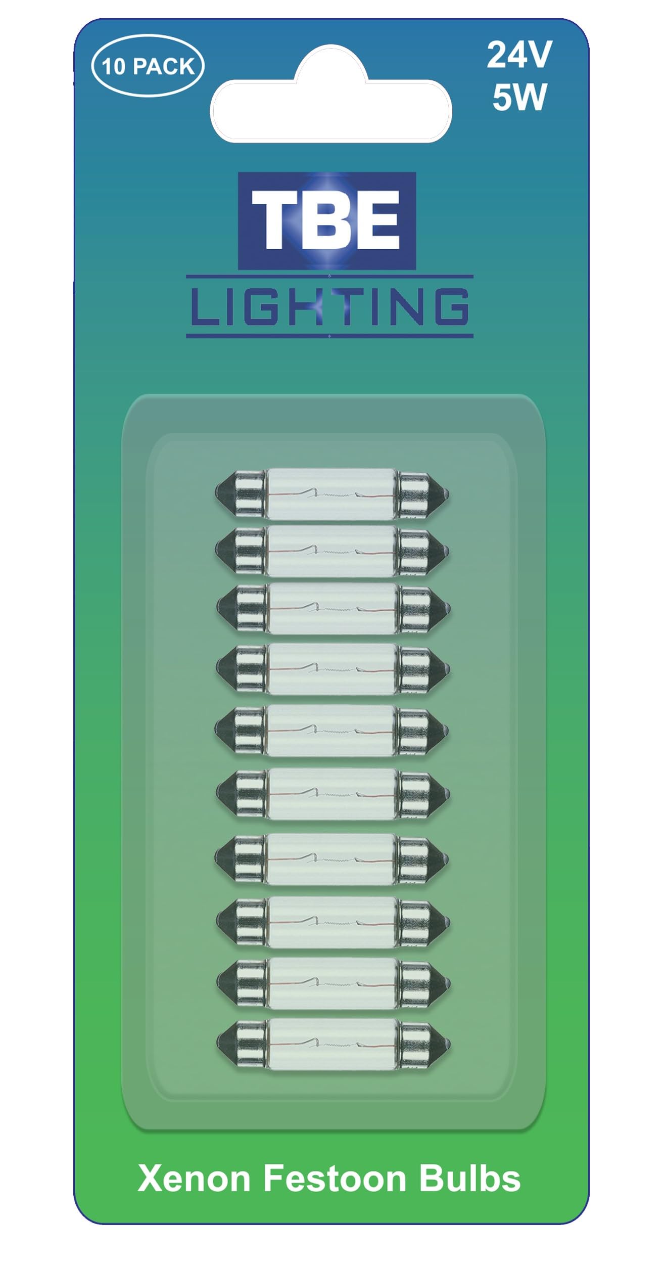 TBE LIGHTING Replacement Festoon Bulbs, PACK OF 10 Xenon lights 242 C5W Bulb for Lorry Number Plates and Interior Truck Lights. Clear glass finish, Warm White colour- 24v / 5w / Dimmable 11mm x 41mm