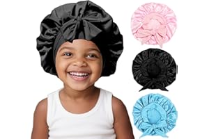 FIRSTPELLA 3 Pcs Kids Silk Bonnet for Sleeping - Baby Satin Bonnet for Sleep,Kids Hair Bonnets for Curly Hair Girls Boys with Wide Elastic Band,Sleeping Cap for Teens Toddler Child (Pink+Black+Light Blue)