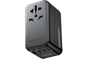 MOMAX 140W Universal Travel Adapter, GaN Technology, EU/UK/AUS/US/JP Worldwide, Fast Charging for iPhone, MacBook pro, Vision Pro, Charging Cable Included