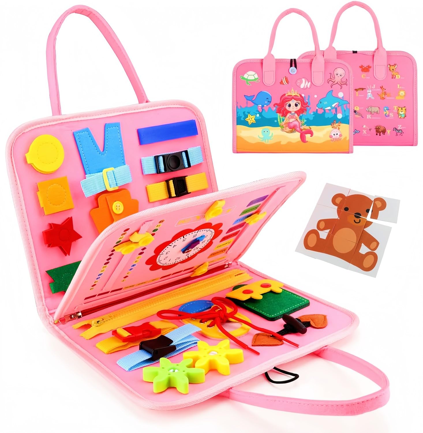 LATERN Busy Board Montessori Toy for Kids, 28CM x 21CM Educational Learning Activity Sensory Board Developing Sensory Fine Motor Skills Toy for Boys Girls Gift Plane Car Travel (Pink)