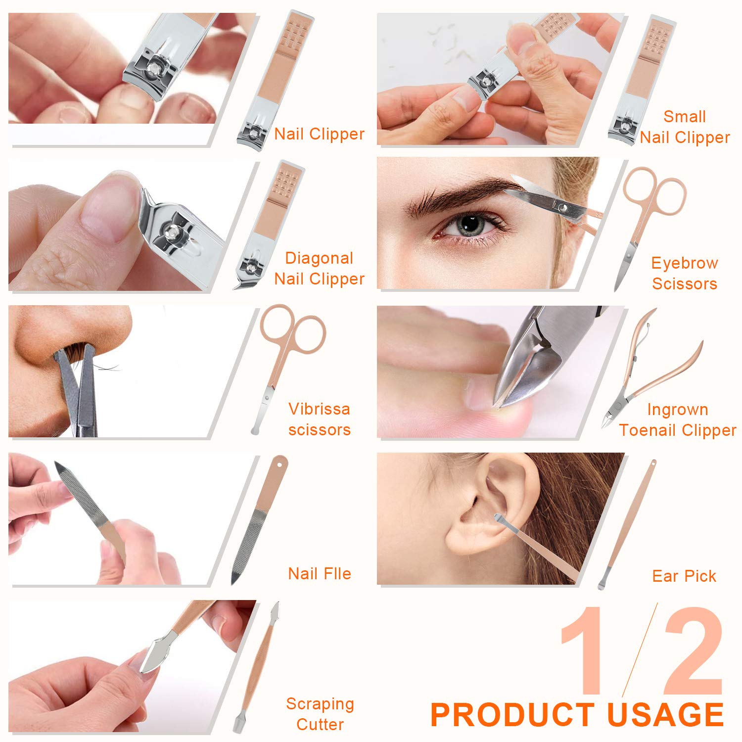 Manicure Set Nail Clippers Pedicure Kit, Professional Rose Gold Stainless Steel Personal Grooming Kit, 18 in 1 Nail Care Tools with Luxurious Leather Travel Case for men and women : Beauty