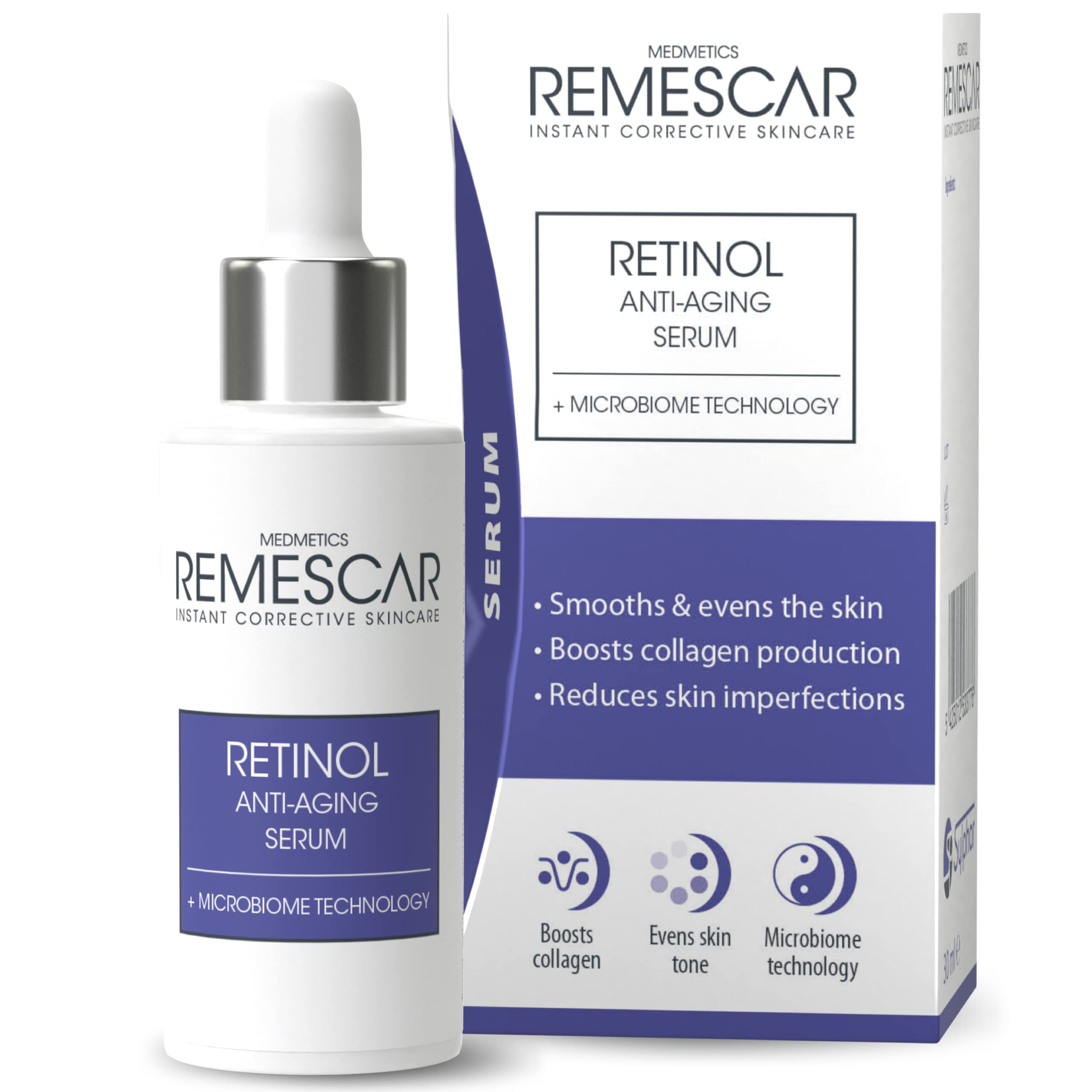 Remescar Retinol Serum High Strength For Face 30ml - Collagen boost deep wrinkle anti-aging serum - Smooths and Evens the Skin - Reduces Skin Imperfections - 0.25% Retinol