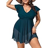 American Trends Plus Size Swimsuit for Women Swim Dress Tummy Control One Piece Bathing Suit V Neck Swimdress Ruffle Swimwear