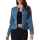 Allegra K Women's Peplum Denim Jackets Collarless Round Neck Button Down Cropped Ruffle Hem Jacket