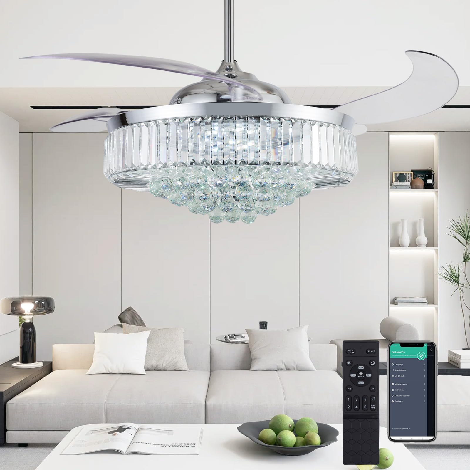 Photo 1 of DuMaiWay 52" Dimmable Chandelier Ceiling Fan with Lights, Fandelier, Retractable Crystal Ceiling Fan Chandelier with Remote Control LED Light for Bedroom Living Room Polished Chrome 6 Speed