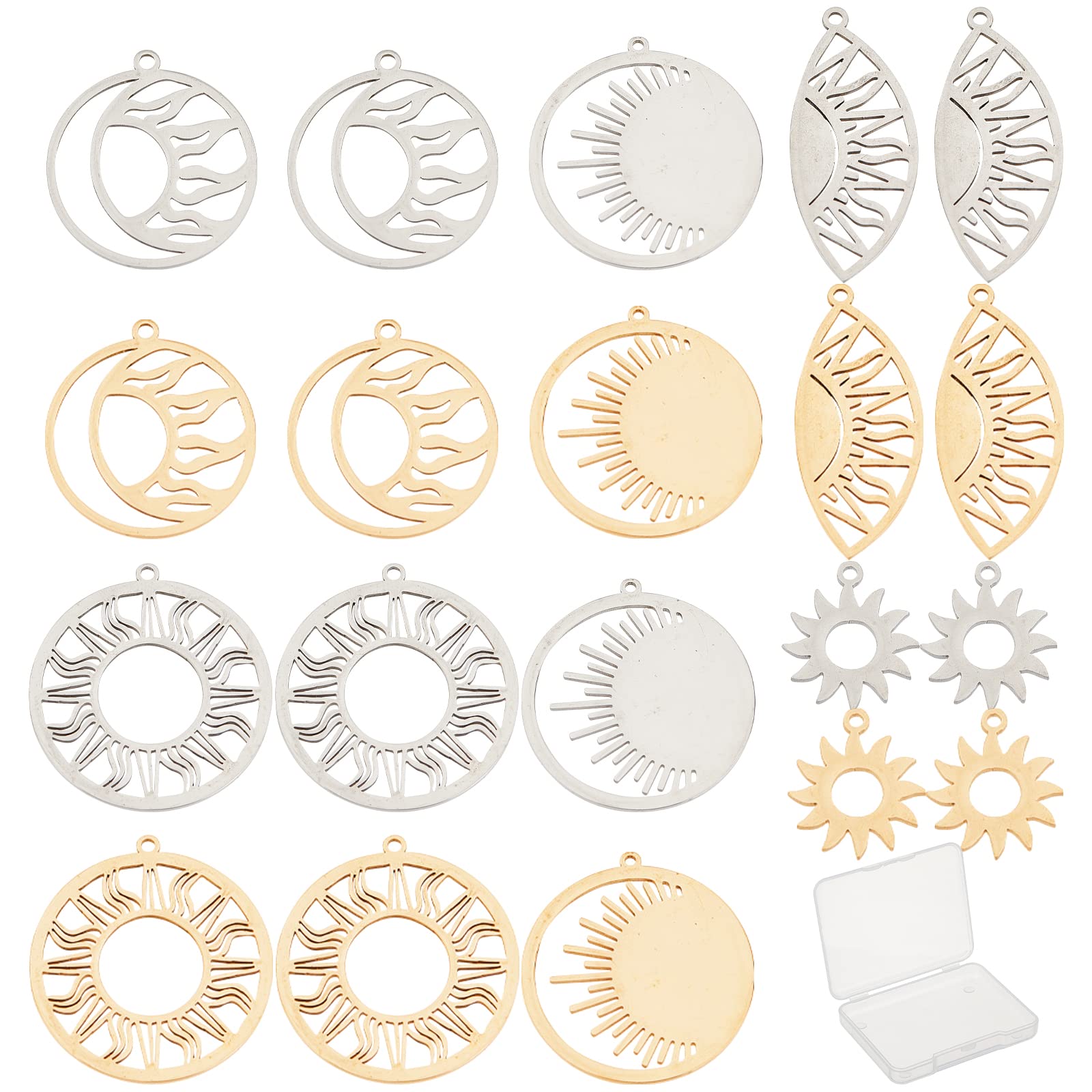 SUNNYCLUE 1 Box 20PCS 5 Style Stainless Steel Sun Moon Stars Charms Moon Charms for Bracelets Making Charms Pendants for DIY Jewellery Making Charms Necklace Crafting Earrings