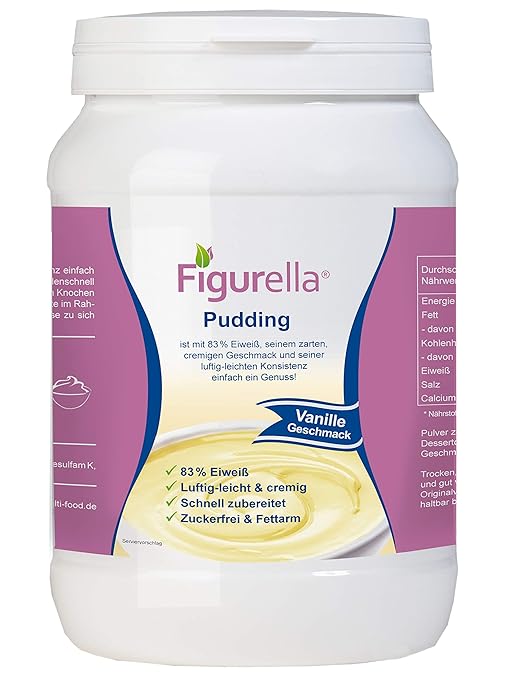 Figurella Pudding mit Milch Eiweiß und Ballaststoffen, ohne Kochen, macht satt, mit Calcium, zuckerfrei, fettarm, cremiges Di