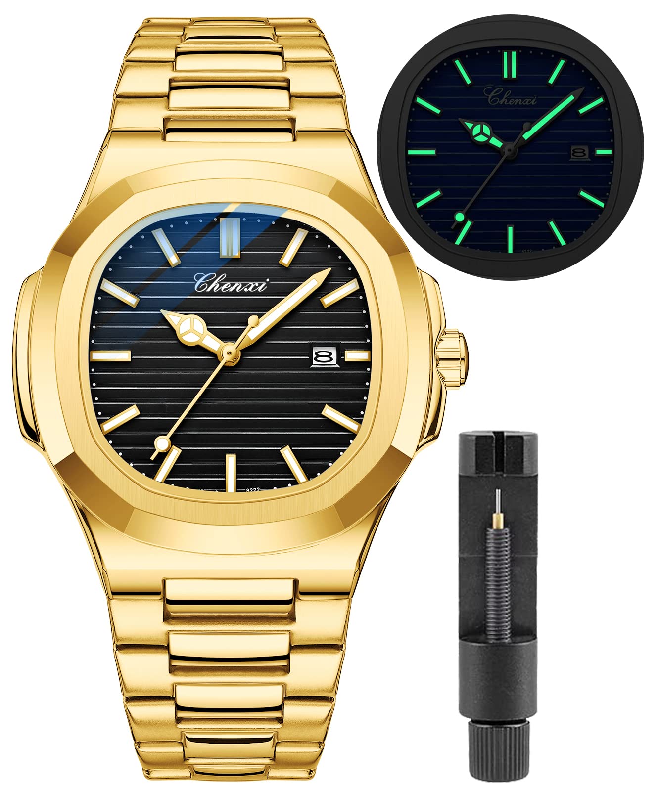 Photo 1 of Gosasa Fashion Men's Watches Date Business Watch Stainless Steel Luxury Style Luminous Quartz Waterproof Analog Display Male Wristwatch (Gold Black)