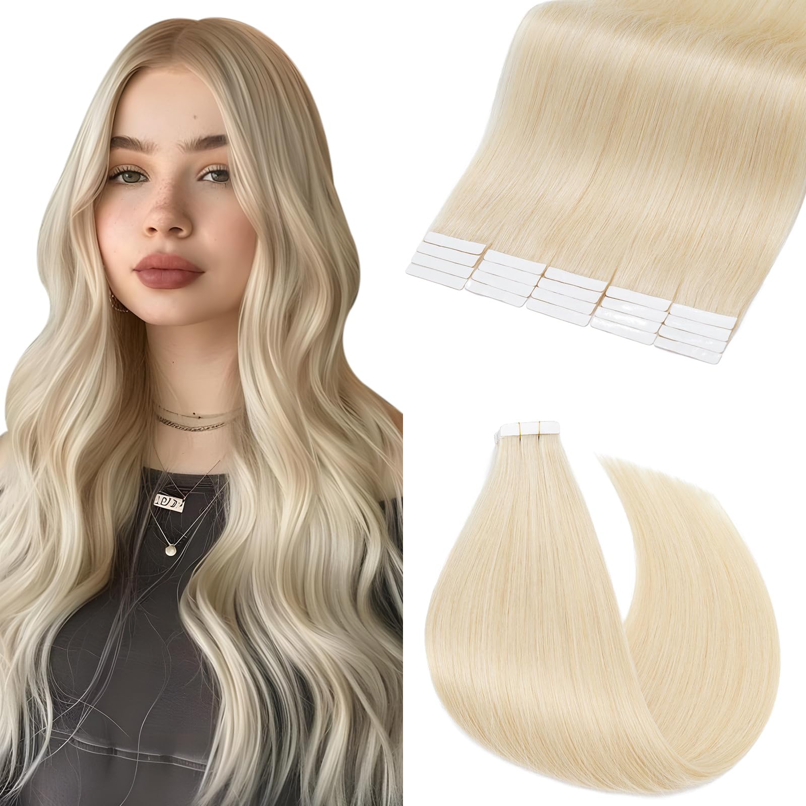 Elailite 20 Pcs Tape in Hair Extensions Real Human Hair - Seamless Skin Weft Real Remy Hair Extension Invisible Straight (#60 Platinum Blonde, 18 Inch-50g)
