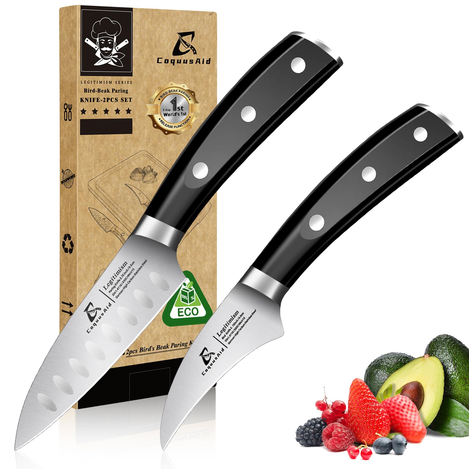 Photo 1 of Paring Knife Set, 2PCS Small Kitchen Knives for Fruit, 3.8 Inch Fruit Knives and 2.75 Inch Bird Beak Peeling Knife, Premium Germany Stainless Steel Ergonomic Handle, Elegant Black Ideal for Gift
