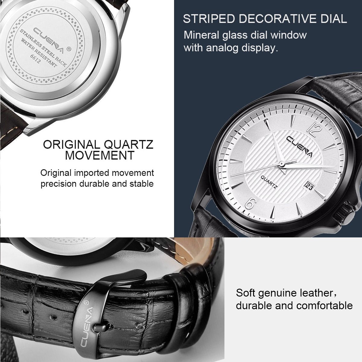 Simplicity Men\'s Wrist Quartz Watch, Comfortable PU Leather Watch with Simple Surface by CUENA, Black