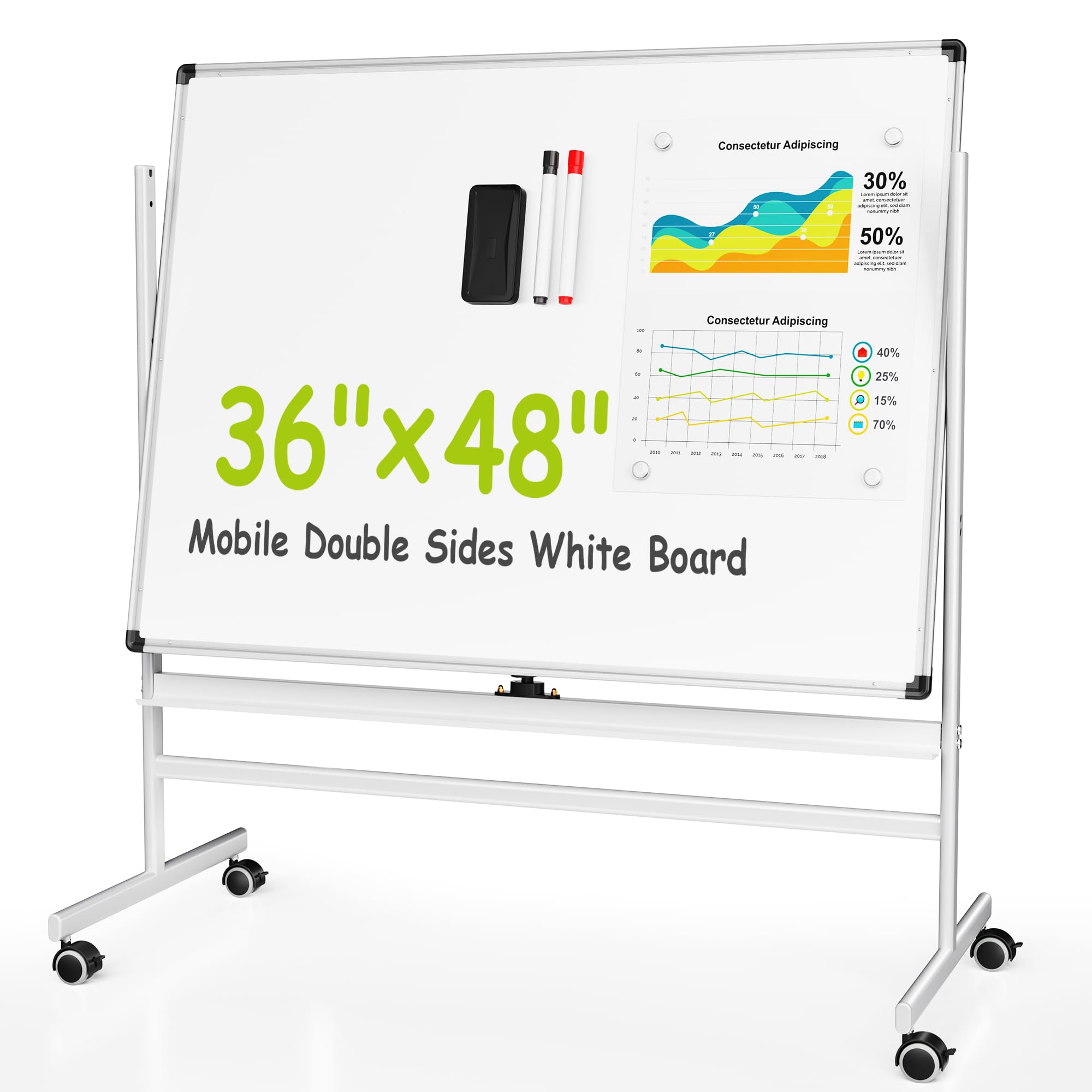 Photo 1 of VUSIGN 36" x 48" Mobile White Board on Wheels, Double Side Dry Erase Board with Stand, Large Aluminum Frame Standing Rolling Whiteborad for Office, Home,School