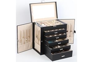 BOOVO Jewelry Box For women, 6 Layer Large Jewelry Organizer With Mirror, Multi-Function Storage Box With Lock, Necklace Holder With 5 Drawers, For Earrings Necklace Bracelet (Silver and Black)