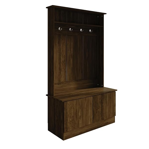 CASTLE PLACE WOODEN HALL TREE WITH BENCH AND STORAGE CABINETS, BROWN