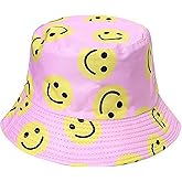 IHAUIUE Smiley Face Print Bucket Hat Cute Happy Fishing Cap Reversible Packable Beach Sun Hats for Women, Men