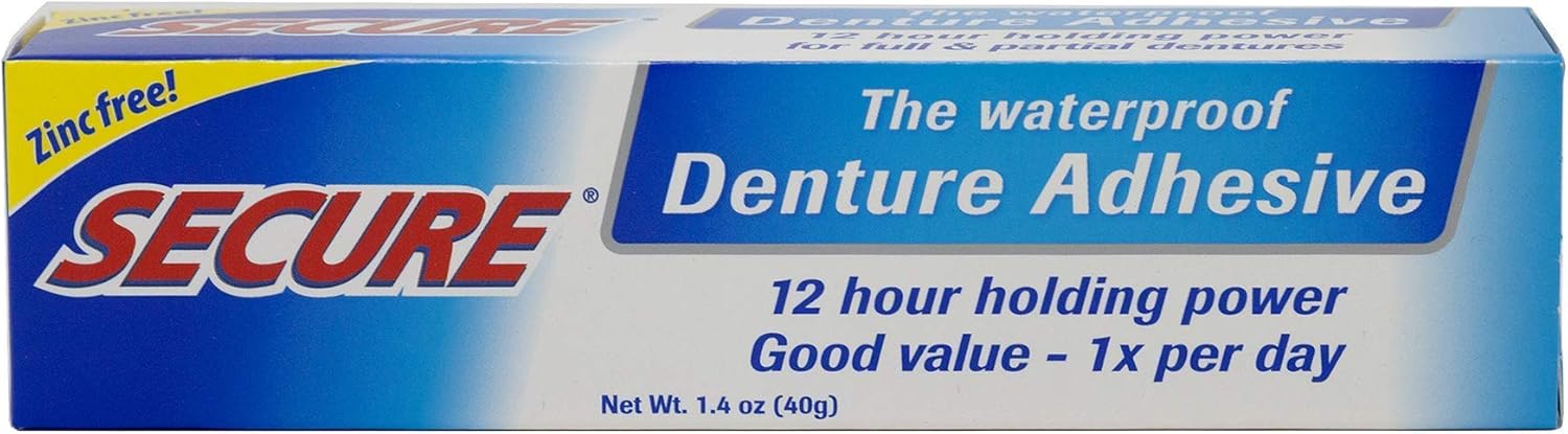 Secure Waterproof Denture Adhesive - Zinc Free - Extra Strong Hold For Upper, Lower or Partials - 1.4 oz: Health & Personal Care