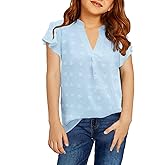 AEJENNIO Girls Shirts Short Sleeve Chiffon Shirts Swiss Dot Blouses Top Teen Girls V-Neck Tunics Tee Size 9-14 Years