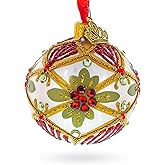 Gold Floral Design with Red Jewel Accents Glass Ball Christmas Ornament