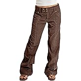Flamingals Womens Wide Straight Leg Cargo Pants Mid Waist Y2K Vintage Washed Seam Front Belted Streetwear Trousers Pants