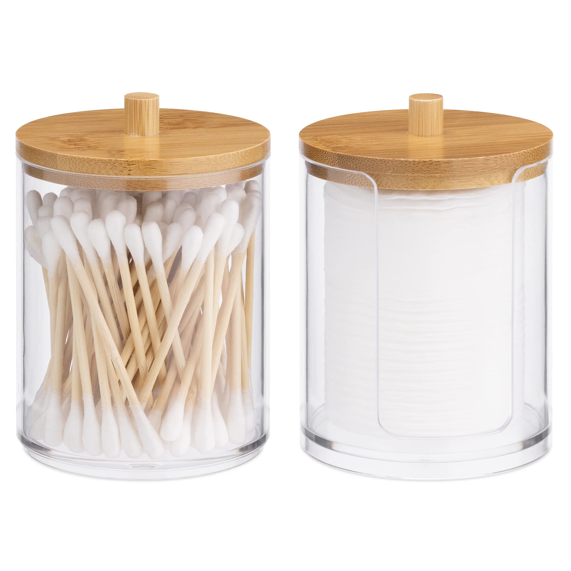 Navaris Cotton Bud Holders - 2 Stackable Clear Plastic Jars with Bamboo Lids - Storage Containers for Cotton Pads, Hair Ties, Small Makeup Accessories
