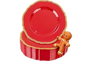 Hioasis 60pcs Red Plastic Plates - Red and Gold Disposable Dinnerware with Gold Rim, Heavy-duty, 7.5 inch, Dessert Plates for Party & Christmas