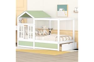 MERITLINE Twin House Bed for Kids, Wood Twin Size Canopy Bed with Storage Drawers,Floor Playhouse Bed with Roof and Window, Montessori Bed Frame for Kids, Boys, Girls, Teens (Green+White)