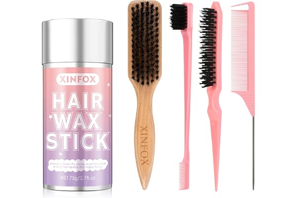 Hair Wax Stick, 5PC Boar Bristle Slick Back Hair Brush, Wax Stick for Flyaways, Rat Tail Comb Edge Brush Styling Tool Set Acc