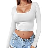 Women's Square Neck Long Sleeve Crop Top Y2K Shirt Sexy Slim Fitted Casual Base Layer Soft Workout Shirt Going Out Tops