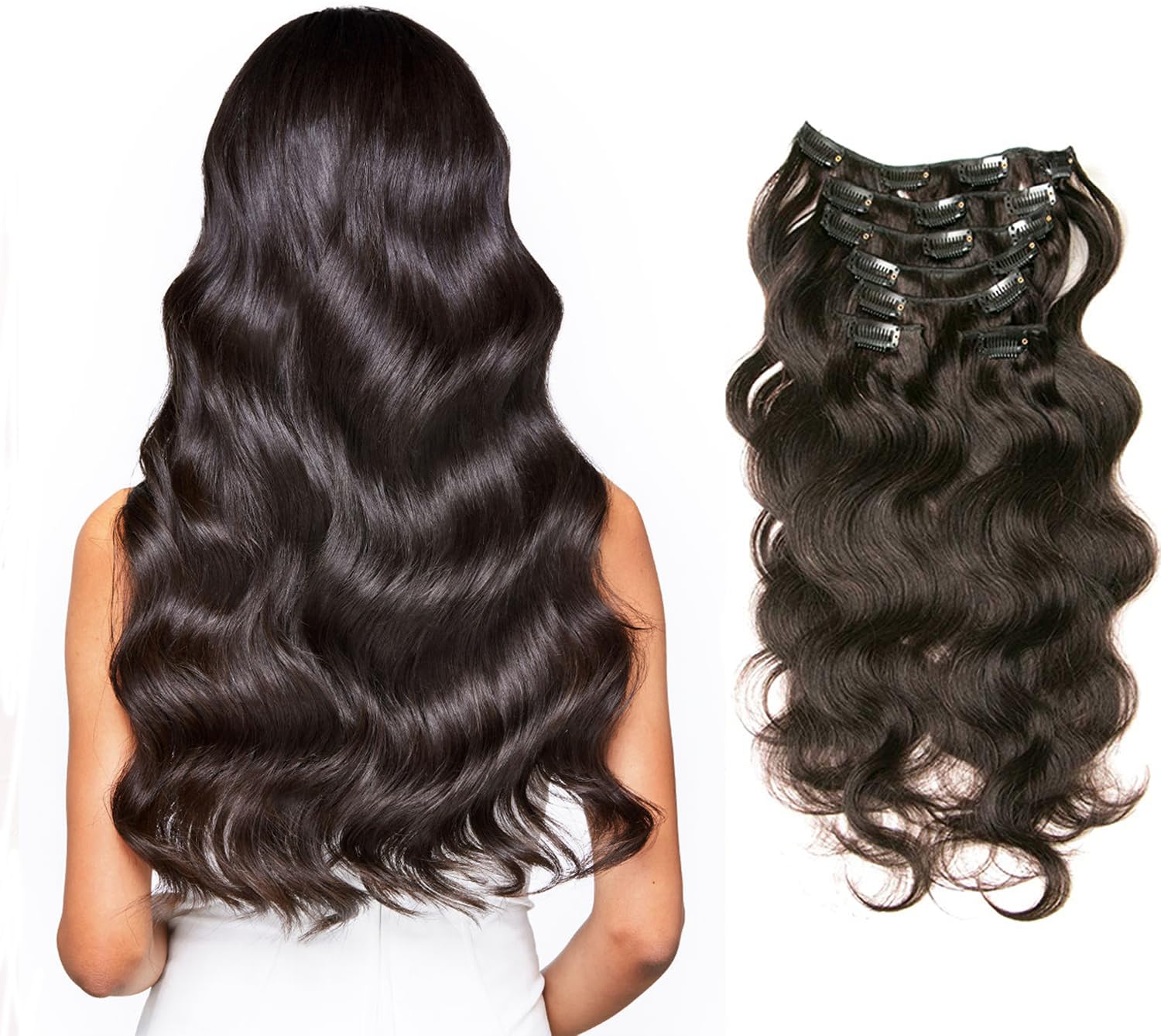 Clip in Hair Extensions 7pcs 70g Clip in Hair Extensions Human Hair Body Wave 16 Inch Hair Extensions Clip Ins for Women (1b#Natural black, 22Inch)