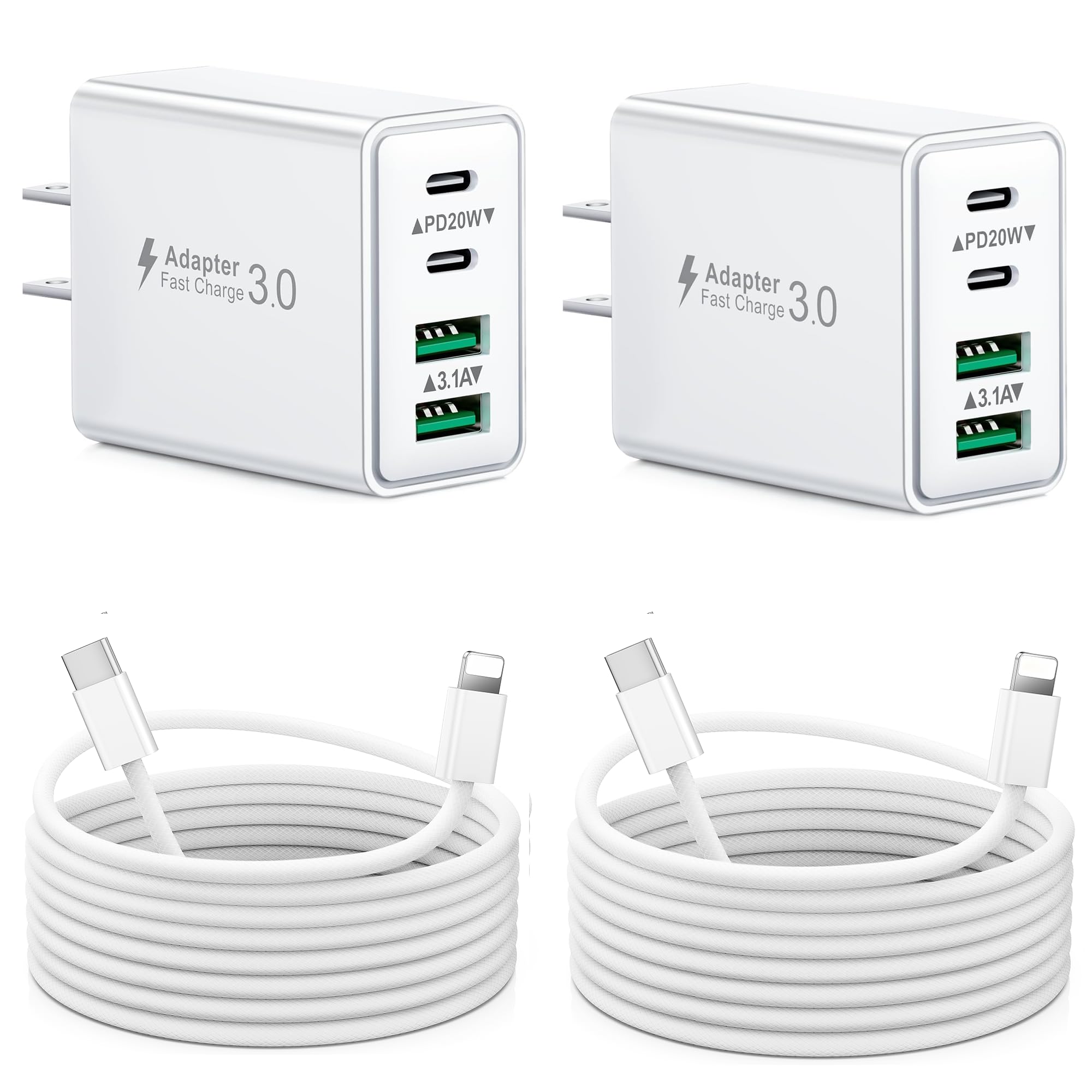 2-Pack iPhone 14 13 Charger Fast Charging, 40W 4-Port USB C Chargers Block with 6FT USB C to Lightning Cable for iPhone 14 13 12 11 Pro Max XS XR X 8, Multi Wall Plug Power Adapter Charging Box