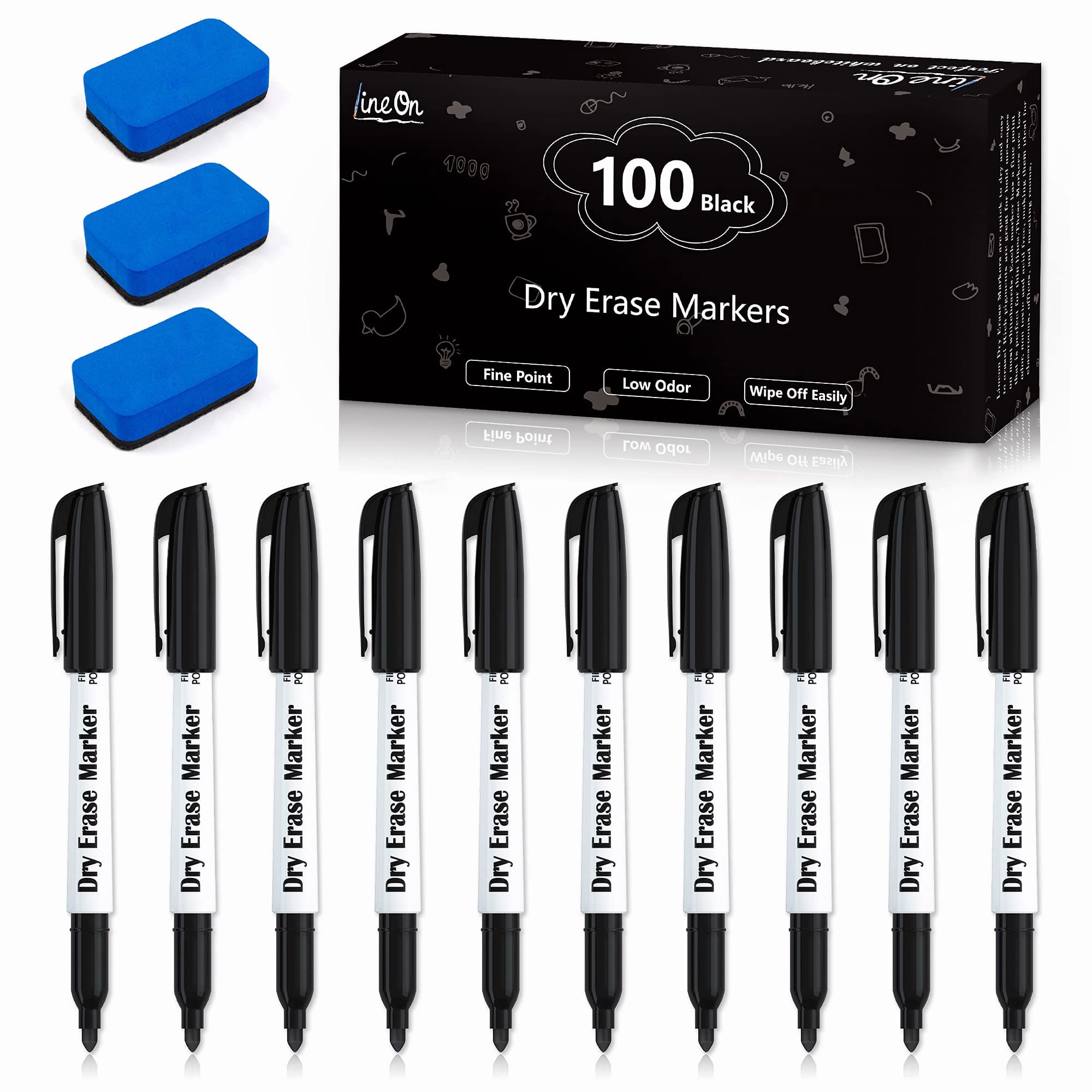 Lineon Whiteboard Pens with Eraser, 100 Pack Fine Ti Dry Wipe Pens for Whiteboard, Black Whiteboard Markers for Kids Adults Writing on Whiteboards, Weekly Planner, Glass for School Office Home