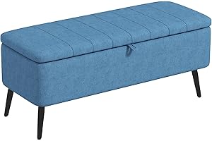 HOMCOM Storage Ottoman with Flip Top, Rectangular Upholstered Bench, Linen Fabric Footstool with Steel Legs for Living Room, 
