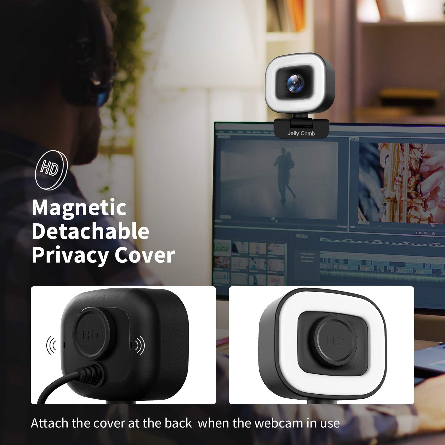 60FPS Webcam with Ring Light, Jelly Comb Auto-Focus HD 60FPS, 1080P Web Camera with Dual Microphone and Privacy Cover for YouTube, Skype, Zoom, Twitch, OBS, Xsplit and Video Calling, W15 : Electronics