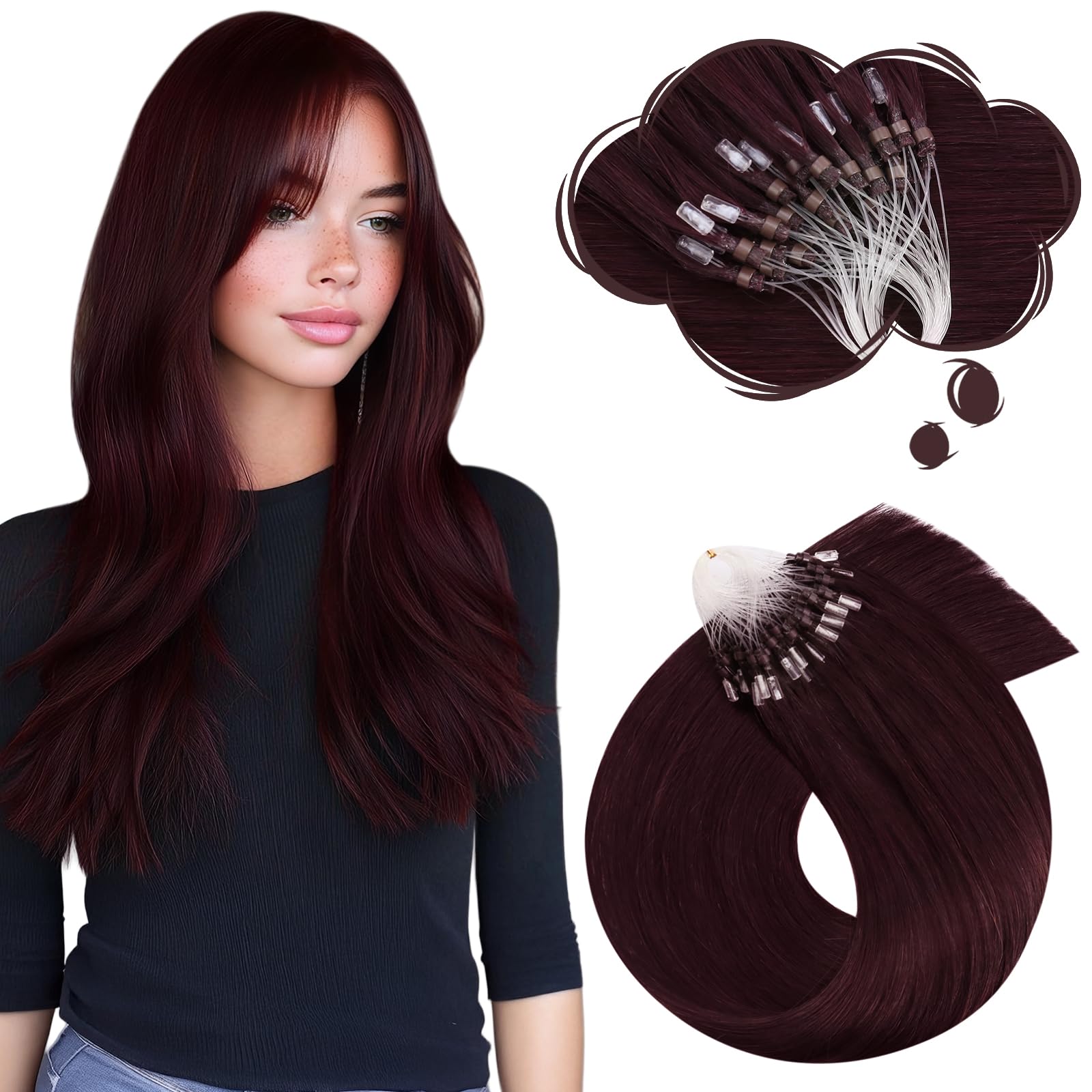 Moresoo Micro Ring Hair Extensions Real Human Hair Burgundy Red Microloop Human Hair Extensions 1g/s 50g/Pack #99J 22 Inch