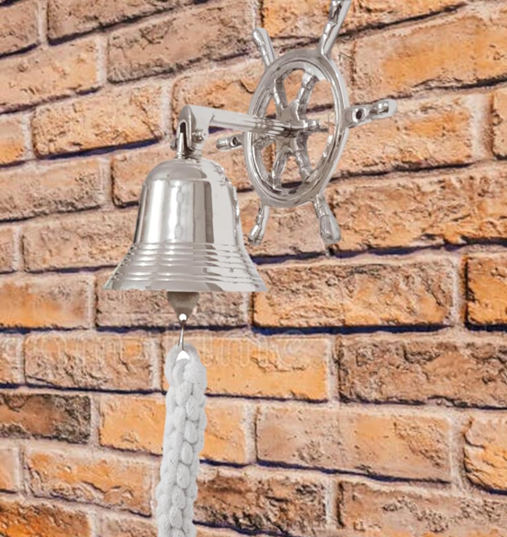 Purpledip Brass Nautical Bell with Captain's Wheel Hook: Pirate Ship Marine Wall Hanging, Silver (11402A) — image 1