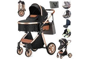 Kakbgee Compact Baby Stroller,Lightweight Reversible Infant Newborn Pram Stroller,Convenient One Hand Fold Toddler Stroller with Aluminum Frame,3-Position Recline Newborn Pram, Black