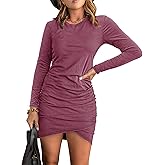 AUXDIO Women Bodycon Long Sleeve Dresses Casual Ruched Wrap 2026 Spring Fall Party Club Mini Dress