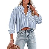 Button Down Crop Tops for Women Cropped Striped Shirts Dressy Casual Collared Blouses Summer Lightweight Tee Top