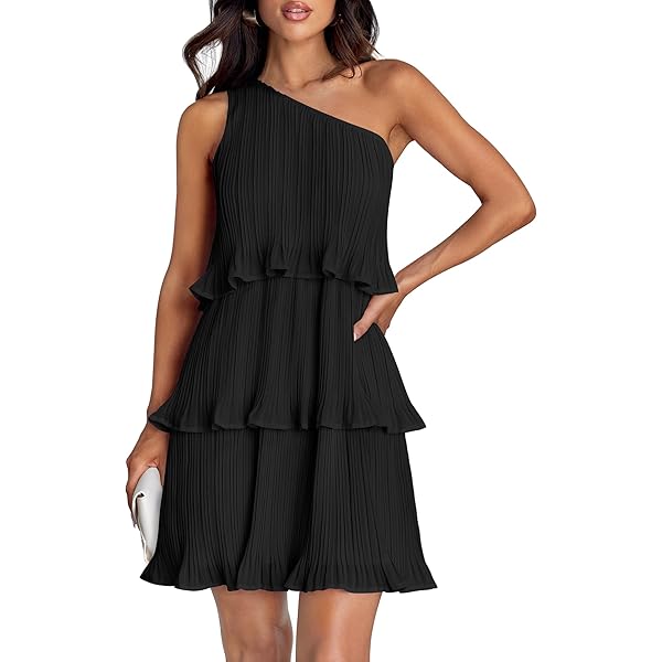 ZESICA Women's Boho Summer One Shoulder Sleeveless Ruffle Tiered