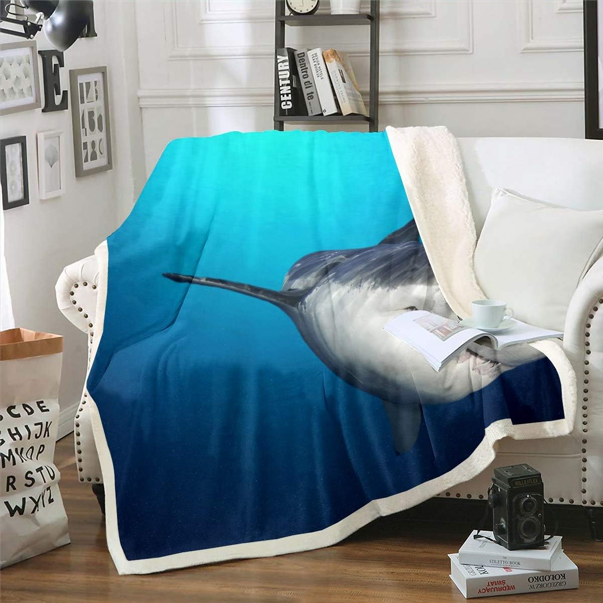 Shark Throw Blanket Marine Life Ocean Theme Sherpa Blanket for Kids