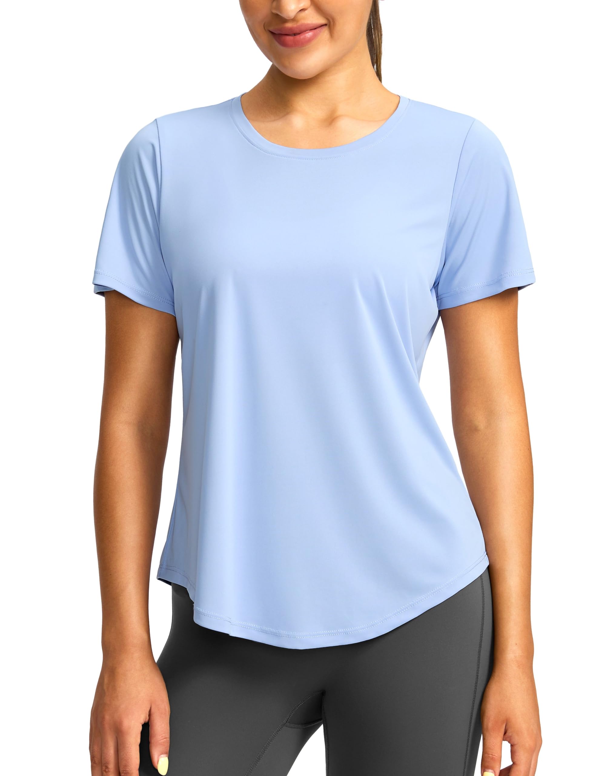 Photo 1 of Women's Short Sleeve Workout Shirts Breathable UPF 50+ Sun Protection T-Shirts Quick Dry Gym Running Hiking Tops (Snow Blue, L)