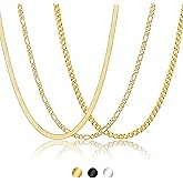 Easter Basket Stuffers-3 Pcs Chain for Men Necklace for Boys 316L Stainless Steel Cuban Link/Figaro/Herringbone Chains Set Jewelry Gifts for Men Women Boys Black/Gold/Silver 16/18/20/22/24 Inches