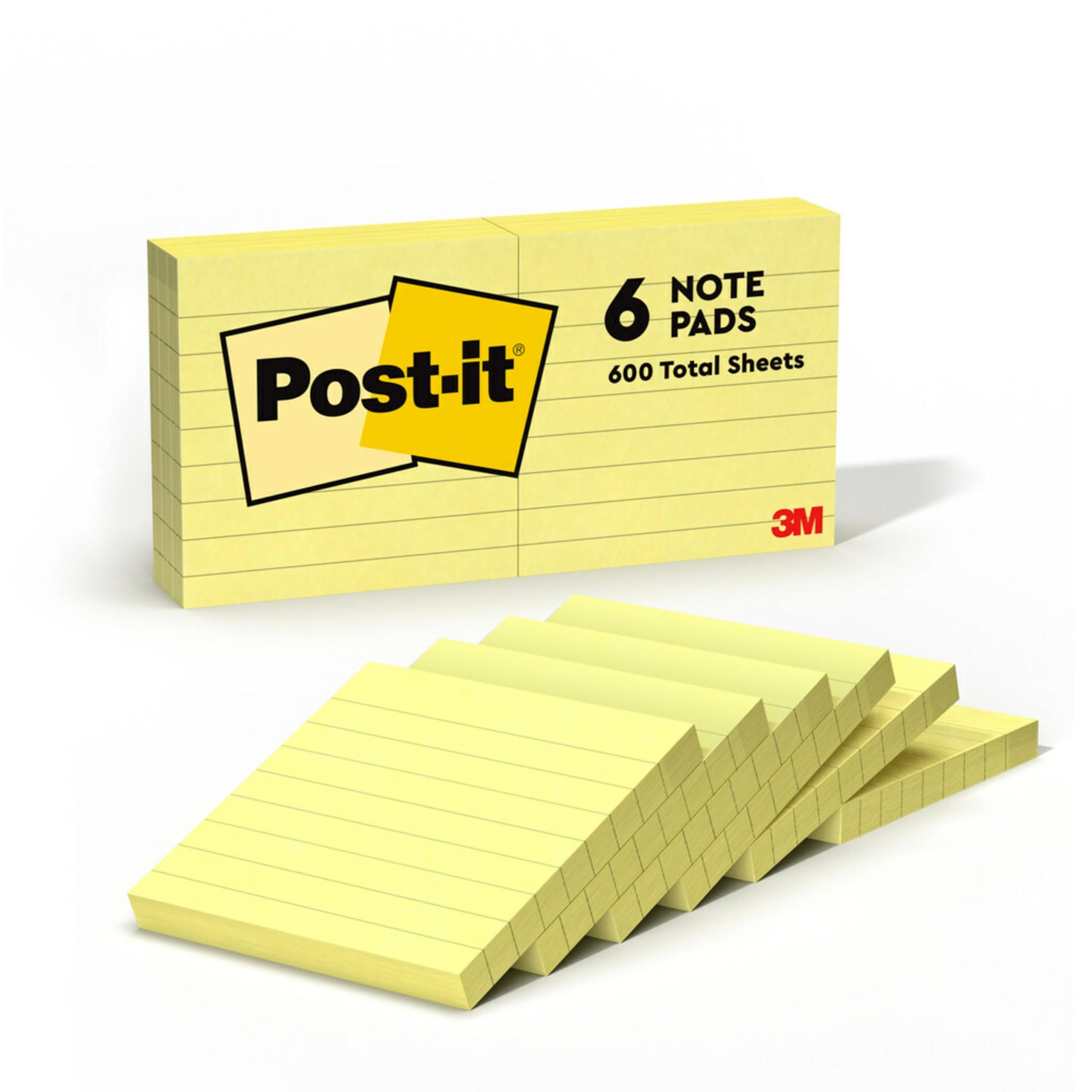Post-it Notes Canary Yellow, Lined - 6 Pads 76 mm x 76 mm, 100 Sheets per Pad - Extra Sticky Notes for Walls, Monitors and Fridge