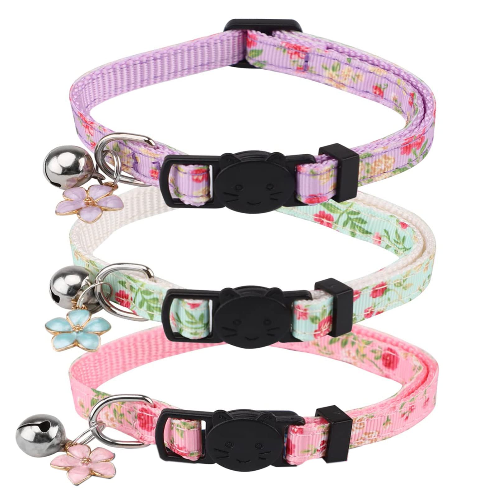 3PCS Cat Collars Quick Release Adjustable Kitten Collars Pack Flower Cat Collar Breakaway Puppy Collars Whelping Small Pet Collars with Bells and Safety Quick Release Buckle for Kittens Puppies