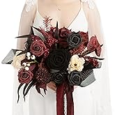 Ling's moment Black and Burgundy Wedding Bouquets for Bride, Gothic Bridal Bouquets for Bride, 13 Inch Free Form Artificial Wedding Flower Bouquet