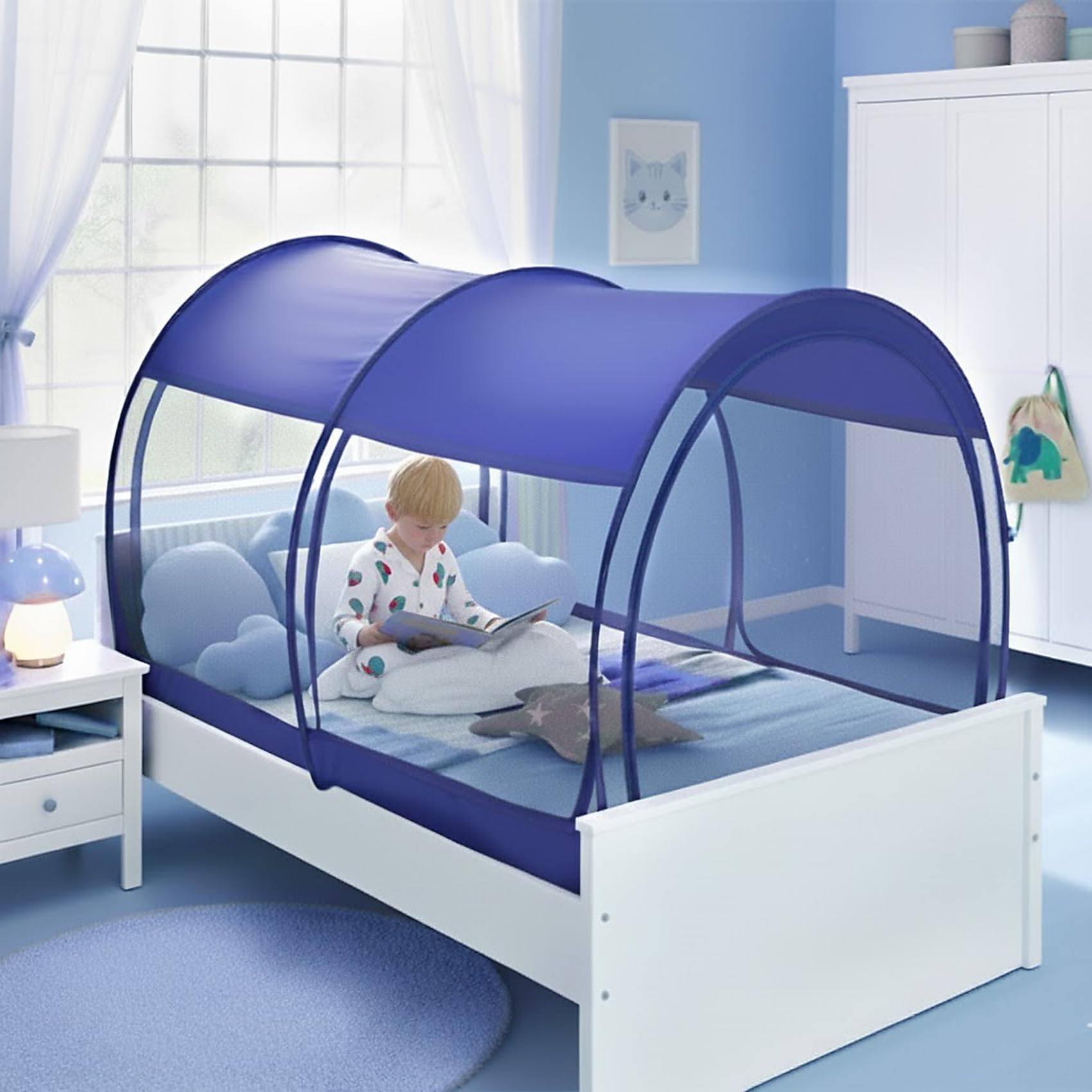 Alvantor Mosquito Net Bed Canopy Tents Dream Privacy Space Twin Size Sleeping Tents Indoor Pop Up Portable Frame Breathable Cottage Blue (Mattress Not Included) Image