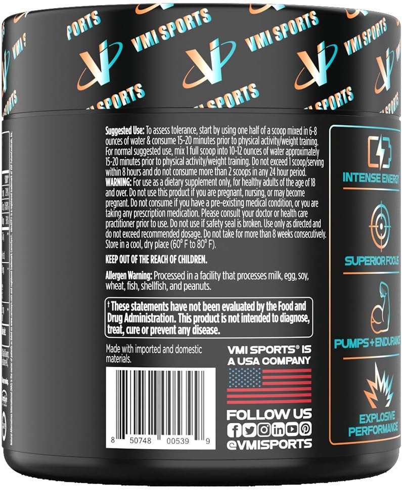 VMI Sports K-XR Pre-Workout Supplement for Intense Energy, Miami Vice, Muscle Builder for Extreme Pumps, Enhanced Focus, Creatine Free, Endurance, Strength and Power Pre-Workout Powder: Health & Personal Care