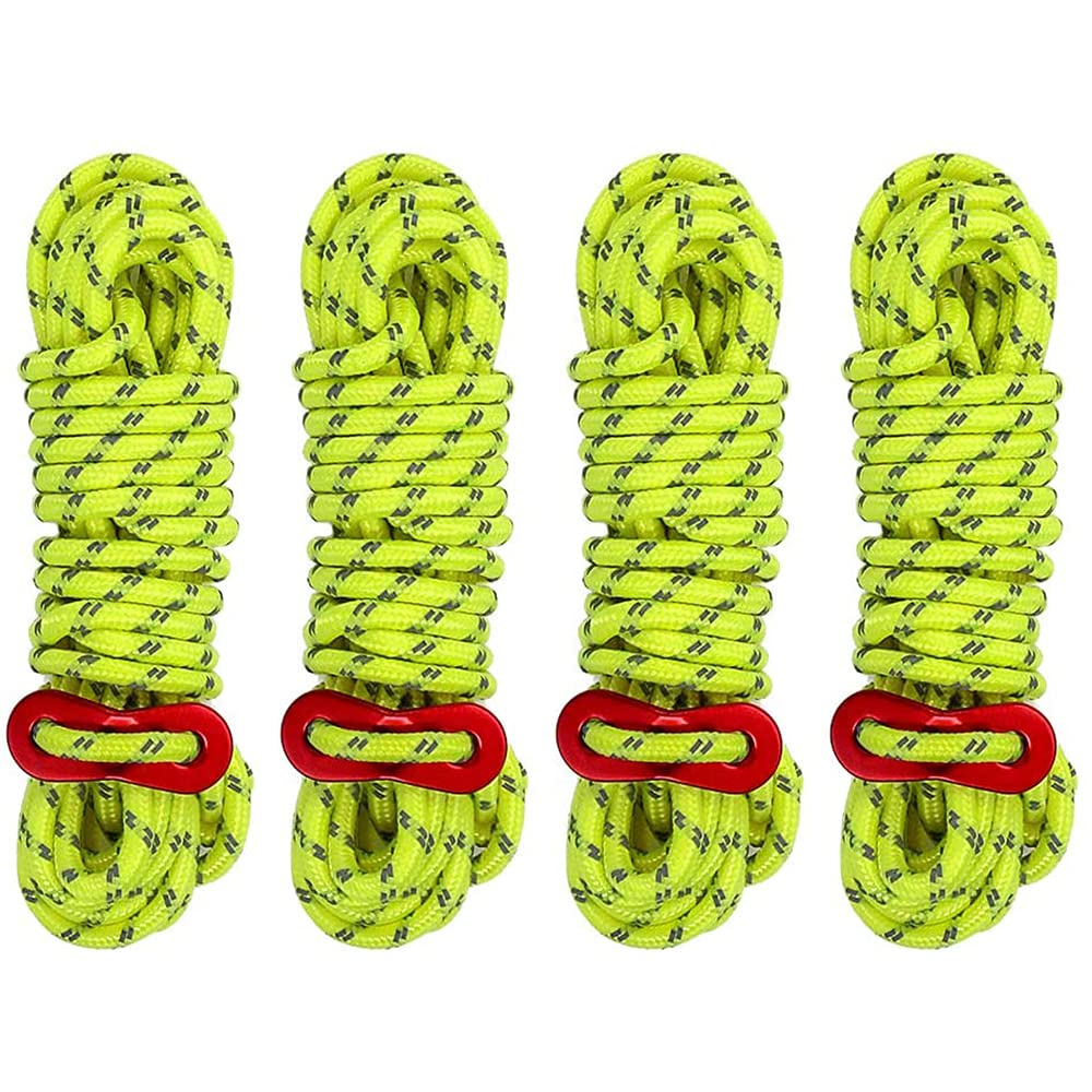 Tiardey 4pcs 4MM 13 FT Nylon Cord,Tent Rope with Ultra-Light Aluminum Alloy Ceiling Rope Adjuster Fits Camping Hiking Backpacking - Fluorescent Green