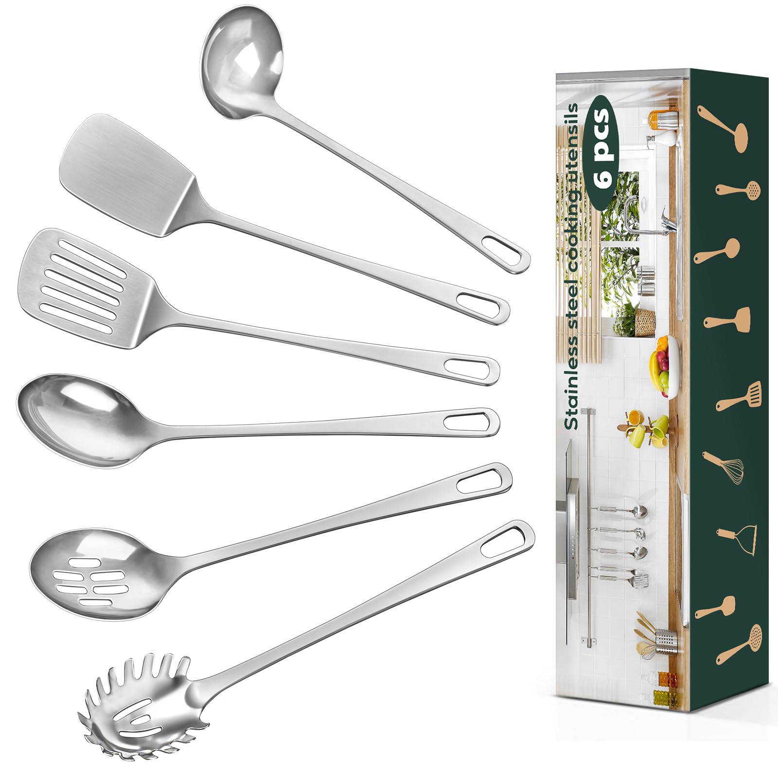 Photo 1 of 6 Pcs Cooking Utensils Set, Stainless Steel Kitchen Utensils, Heat Resistant Metal Kitchen Tools Include Solid & Slotted Turner Wok Spatula, Serving Spoon, Ladle, Pasta Server, Easy to Clean, Silver