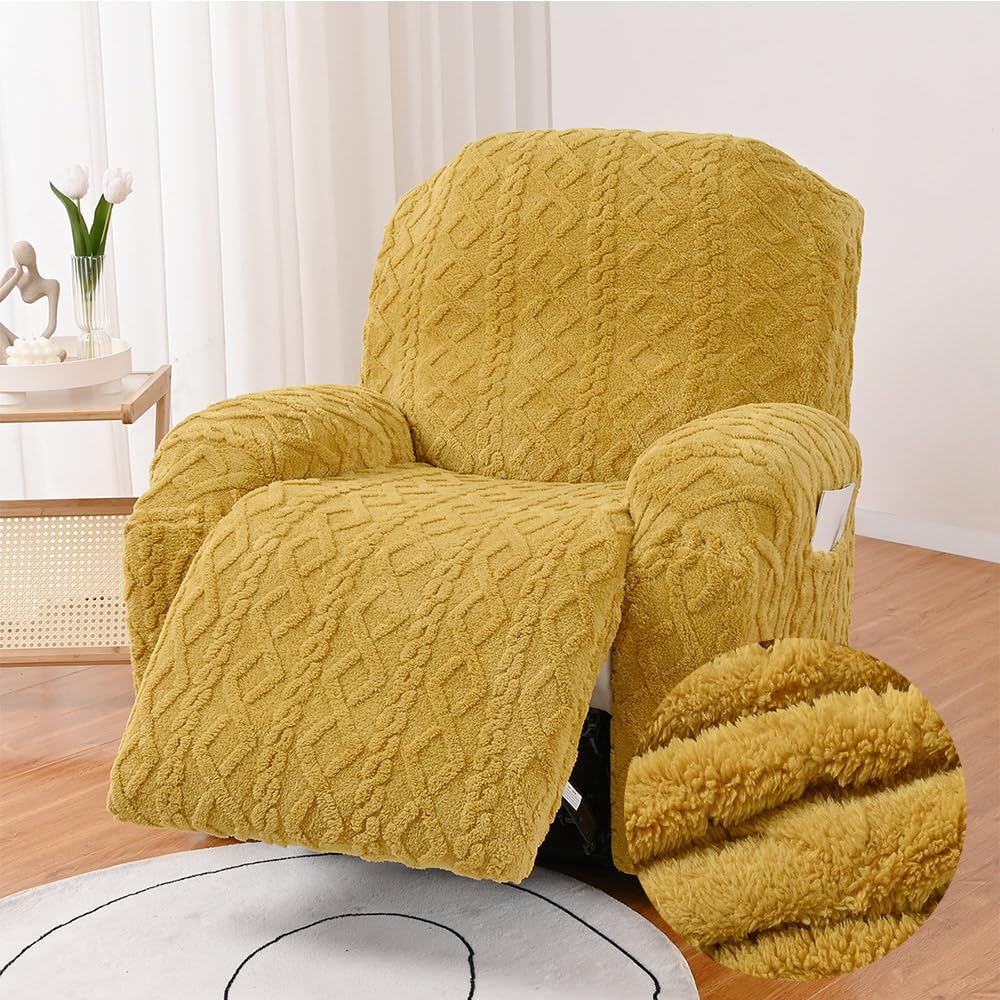 FANSU Recliner Chair Covers for Electric Chair 1 Seater with Pockets, Jacquard Plush Stretch Recliner Chair Slipcover for Armchairs, Sofa Covers Protector for Living Room (1 Seater,Ginger)